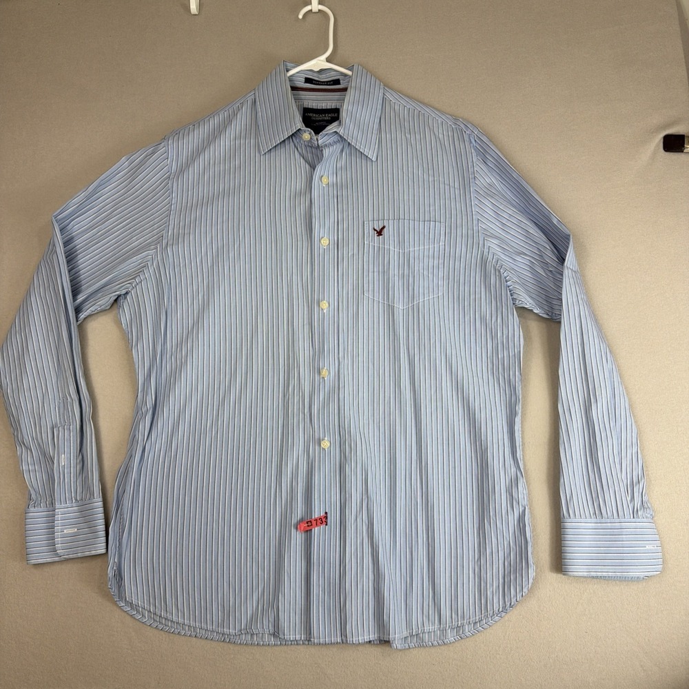 American Eagle Button Up Shirt Men XL Long Sleeve Blue White Stripe Vintage Fit